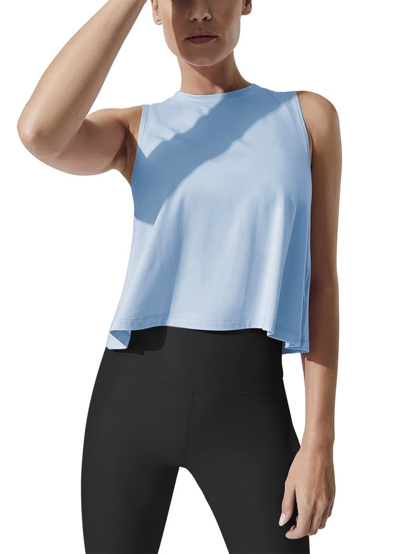 Mippo Workout Tops for Women High Neck Tank Cropped Workout Top Womens Muscle Tank Athletic T Shirts Crop Tees Light Blue S - Image 1